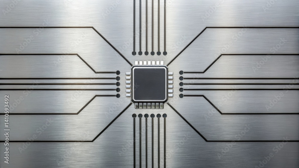Aufkleber Closeup view of a bidirectional data flow illustrated on a steel surface with graphical lines connecting embedded sensors to a center processing unit.