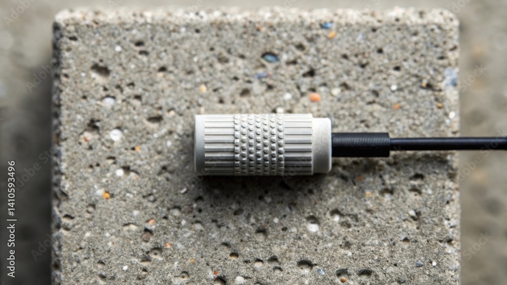 Aufkleber Closeup view of a single sensor protruding slightly from a concrete matrix highlighting its textured connector and the rough aggregate around it with fine particles visible.