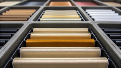 Closeup of various material samples organized neatly in a tray each labeled and ready for automated testing with a focus on the textures and finishes of different materials.