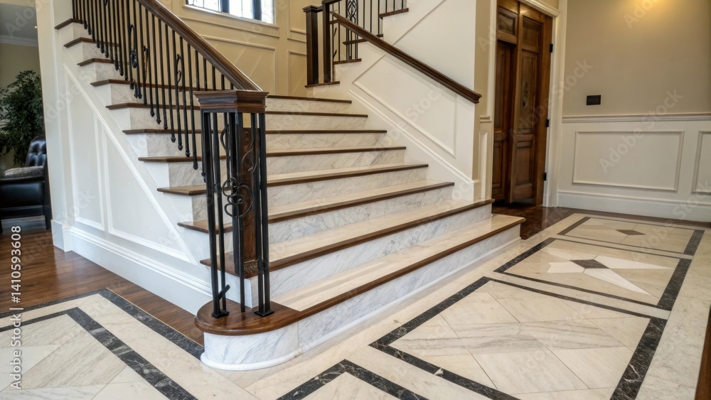 Poster detailed angle of a staircase landing focusing on the clean lines and seamless junction where the st