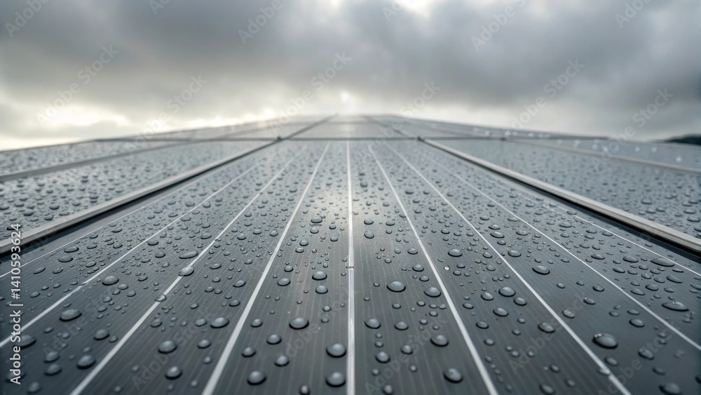 Poster Detailed perspective of condensation on the surface of a transparent solar panel highlighting the unique texture and the ability of the panels to function in varying weather