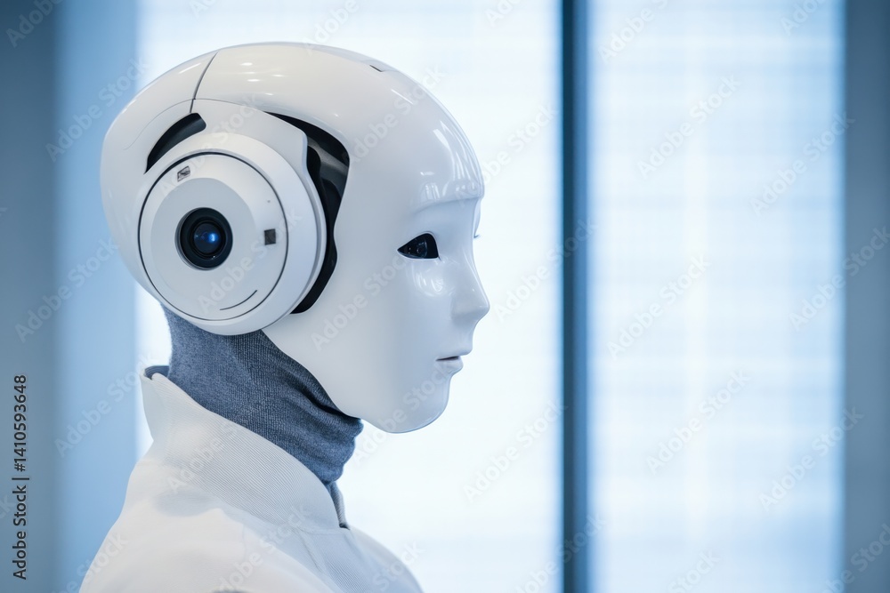 Poster futuristic robot with advanced features in a modern tech environment