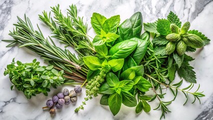 Obraz premium Fresh Herbs on Marble, Close Up, Culinary