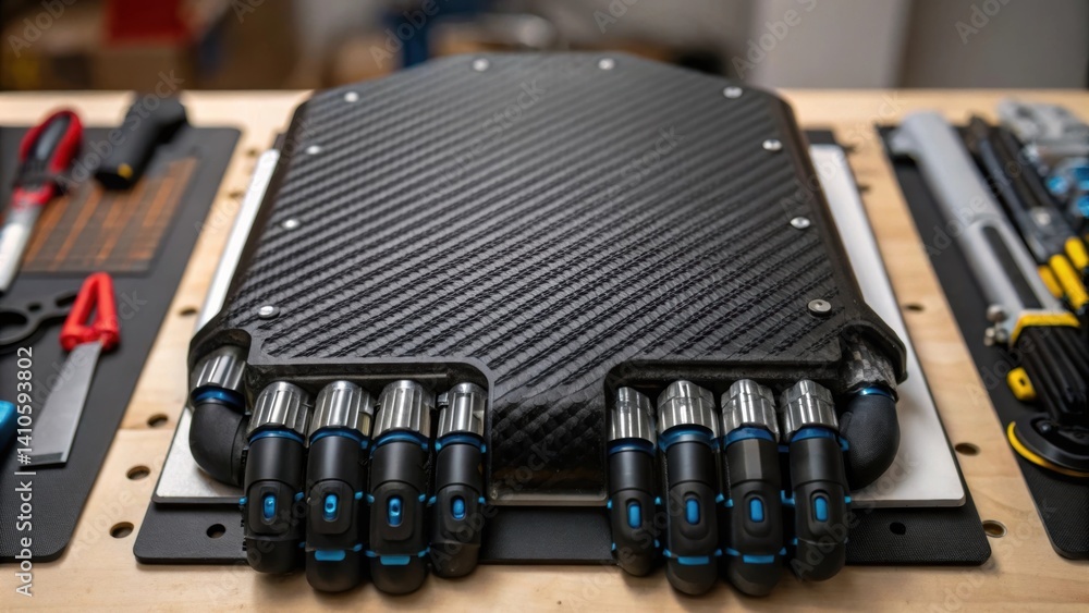 Poster Detailed view of a robotic hand gripping an advanced composite panel the surface textured with innovative patterns that enhance strength surrounded by numerous tools and components