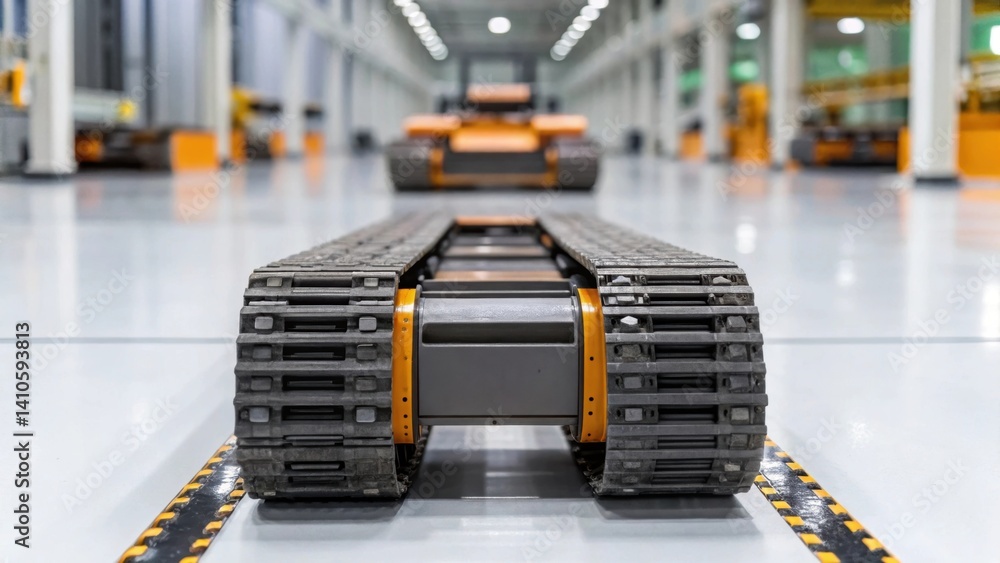 Poster Detailed view of robotic tracks on the factory floor worn from years of precise movement as they transport robotic systems to various assembly zones emphasizing durability.