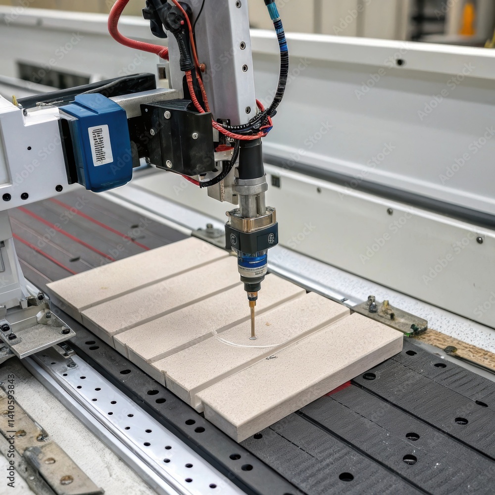 Aufkleber Detail of a robotic machine applying adhesive to the back of a cladding panel showcasing the innovative material handling solutions used in exterior applications.