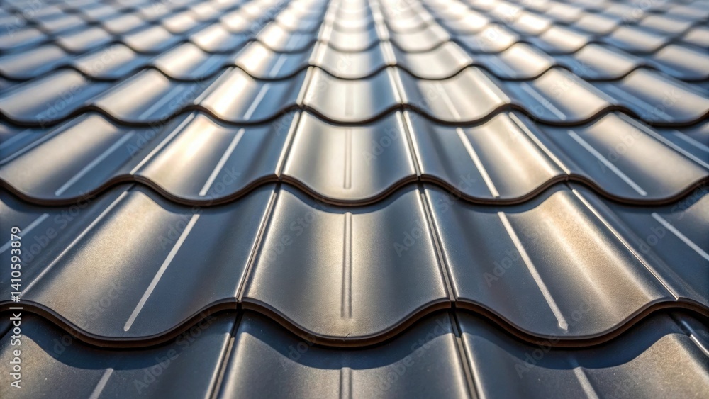 Aufkleber Detailed view of the surface of a roofing panel highlighting the intricate patterns that help channel rainwater while optimizing sunlight exposure for the embedded solar cells.
