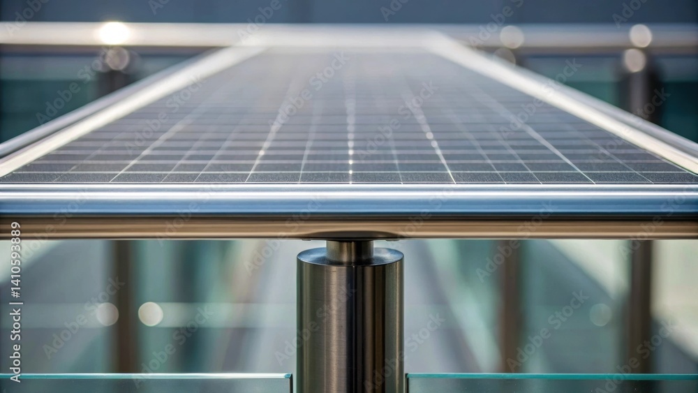 Aufkleber Detail shot of the edges of the solar panel within the railing where the glass meets the metal emphasizing the clean lines and modern aesthetic of sustainable architecture.