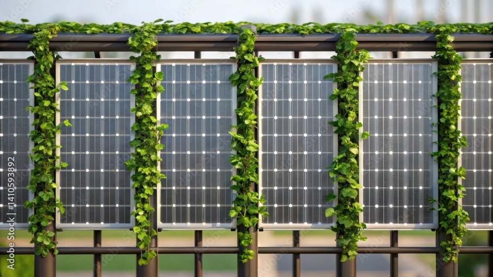 Poster Detailed view of the transparent solar panels slightly veiled by decorative vines showcasing how nature intertwines with technology enhancing both aesthetics and functionality of