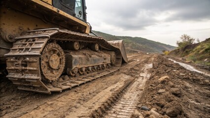 Detailed view of the bulldozers rugged tracks gripping the uneven terrain mud and dirt tering as it prepares for a precision task guided by advanced sensors.