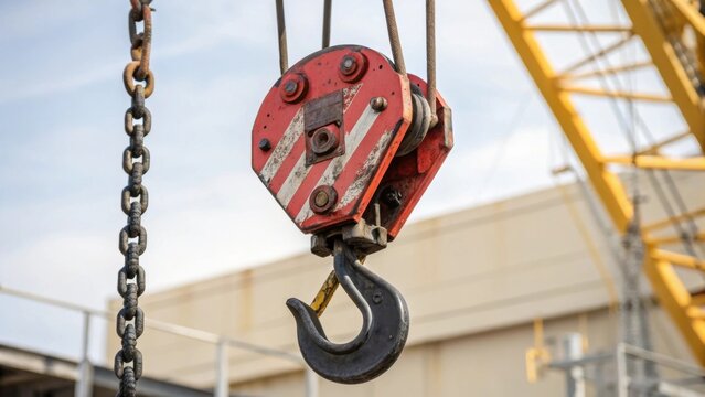 Detail of the cranes lifting hook with safety latches designed for secure attachment and reliable material handling in dynamic environments.