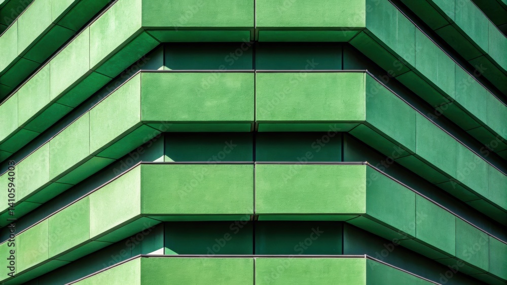 Poster Layered Installation A closeup of layered sections of green concrete forming a modern building facade with play of light creating shadows that highlight its structural complexity.