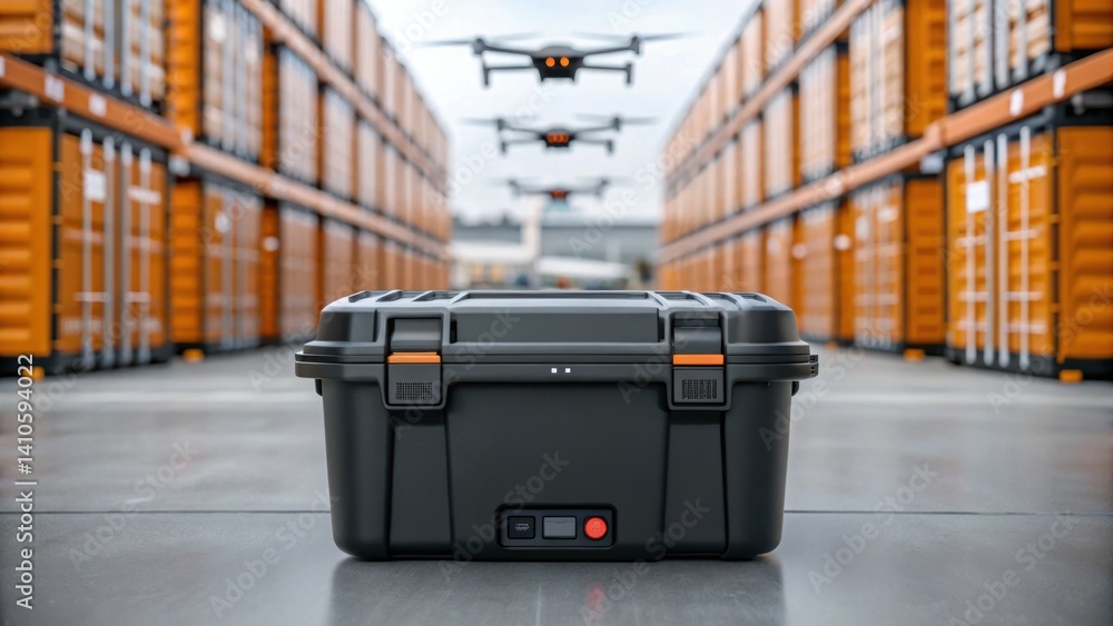 Aufkleber Medium closeup depicting a smart storage container in a logistics hub surrounded by drones and automated vehicles emphasizing the role of IoT in modern supply chain management and