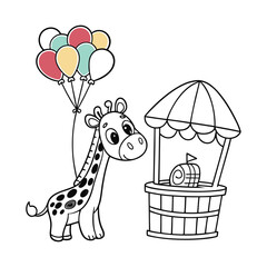 Cute Giraffe Holding Balloons Next to a Market Stand