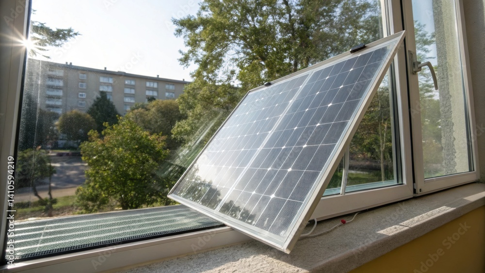 Aufkleber Medium closeup of a clear window featuring a transparent solar panel capturing reflections of surrounding trees and buildings while demonstrating its dual functionality as a power