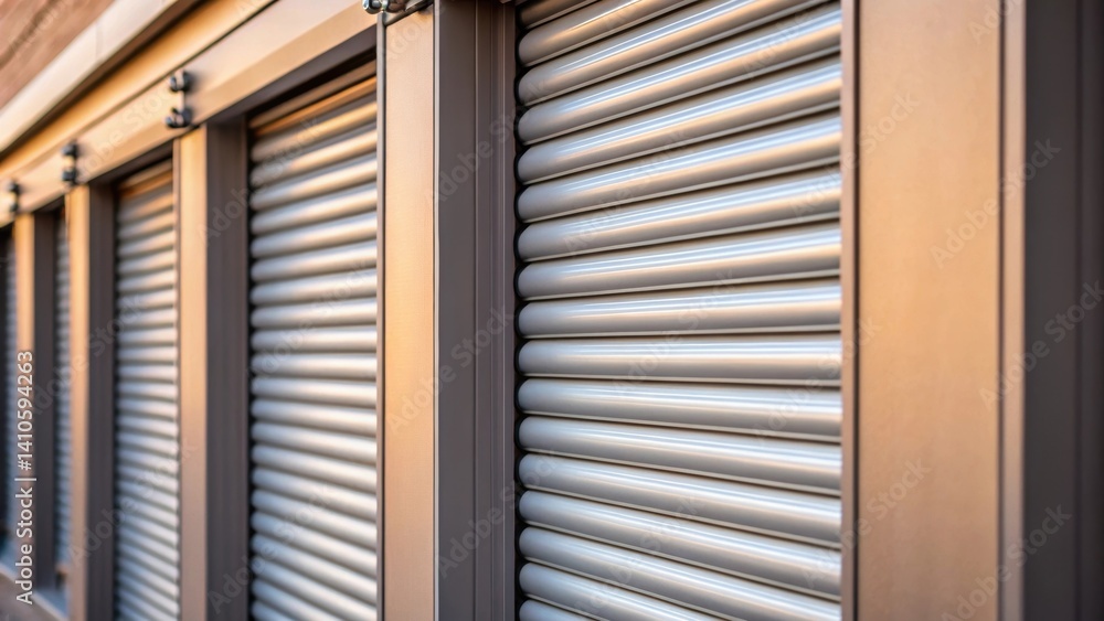 Aufkleber Medium closeup of a facade featuring mechanical shutters that synchronize smoothly with wind gusts highlighting the fine details of the mechanisms as they engage.