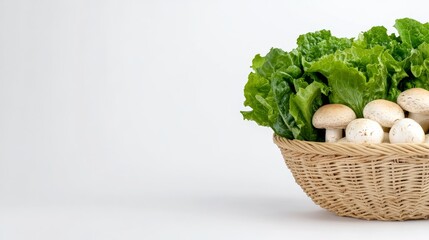 Mymixzer3 Harvest: Green Lettuce and White Mushrooms - Fresh lettuce and white mushrooms in a wicker basket, symbolizing health, nature, freshness, abundance, and wholesome food