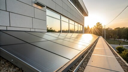 Medium closeup of a finished composite panel reflecting sunlight showcasing the ecofriendly aesthetic appeal and functional use of recycled materials in contemporary building