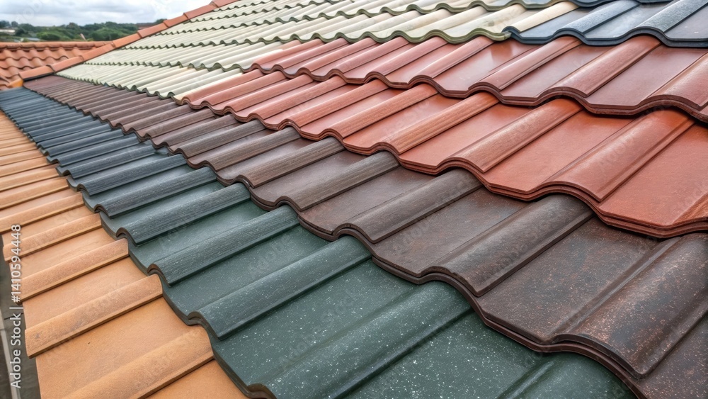 Aufkleber medium closeup of an array of finished recycled plastic roofing tiles showing their durability varie