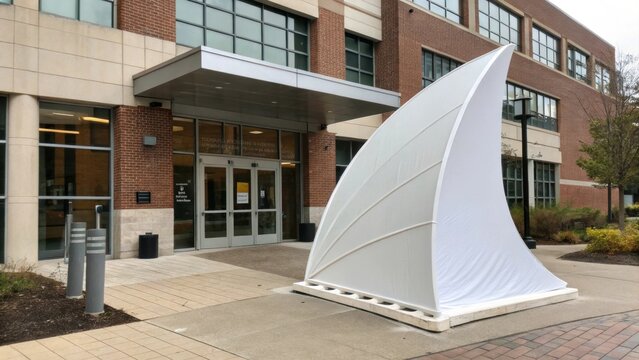 Medium closeup of an aerodynamic windbreak sculpture strategically p at the base designed to redirect airflow and shield the entrance area.