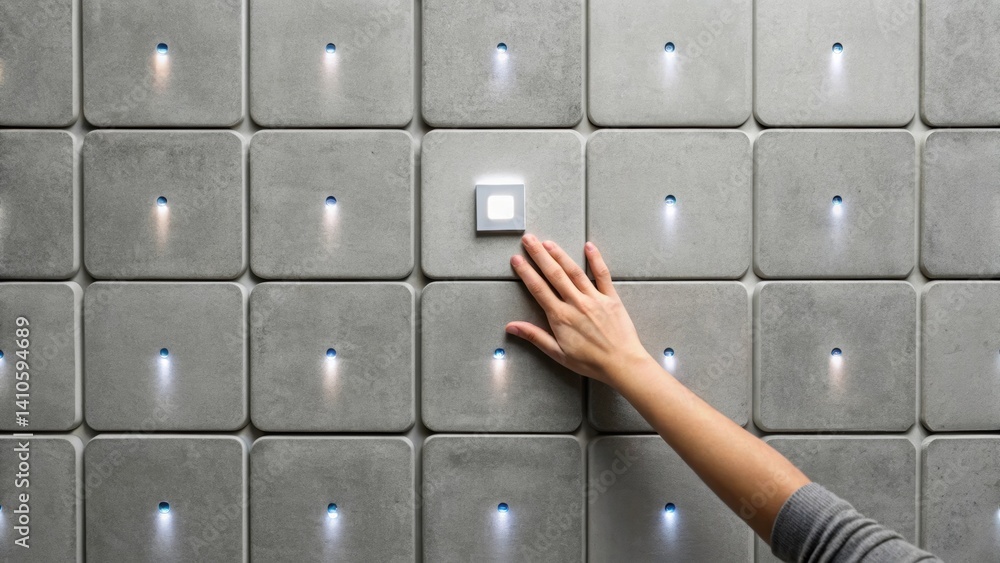 Poster Medium closeup of a smart concrete wall with a persons hand grazing over it demonstrating user interaction with sensors that trigger ambient light changes.