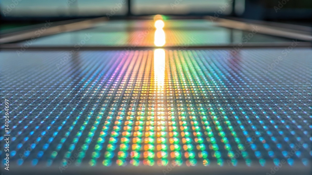 Poster medium closeup of a smart glass surface shifting its tint in response to bright sunlight showcasing 