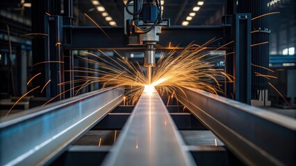 Medium closeup of a robotic system in action welding sparks flying as it fuses two steel beams together highlighting the luminous glow against the industrial backdrop.