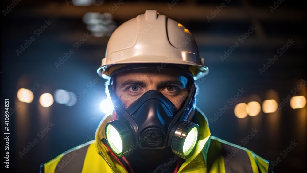 Poster medium closeup of a worker in protective gear with the gas detector visibly illuminated highlighting