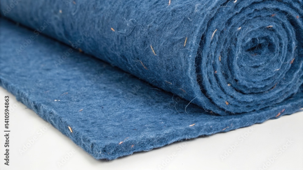 Poster Medium closeup of ecofriendly insulation made from recycled denim fibers displaying its soft texture and deep blue color emphasizing sustainability in homes.