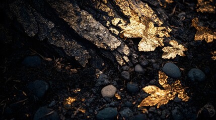 Obraz premium Golden Leaves on Dark Tree Bark Ground Texture