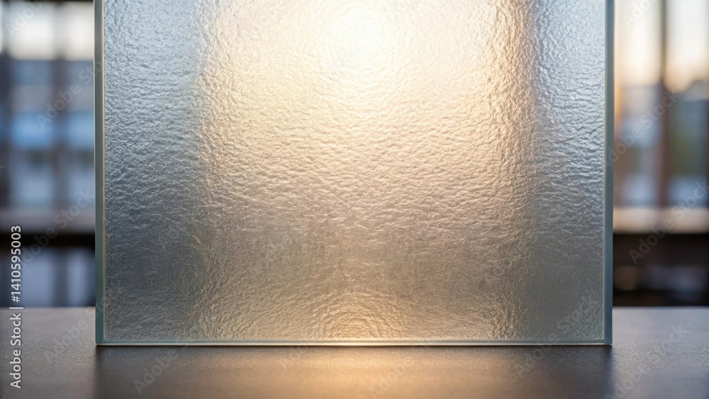 Poster Medium closeup showcasing the interplay of light and shadow on a frosted recycled glass panel where the surfaces matte finish diffuses bright daylight into soft ambient hues.