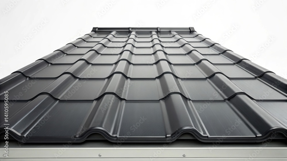 Poster Side profile view of a modular roofing panel where the contours and layers are evident showcasing the depth of the integrated solar cells and their robustness against the elements.