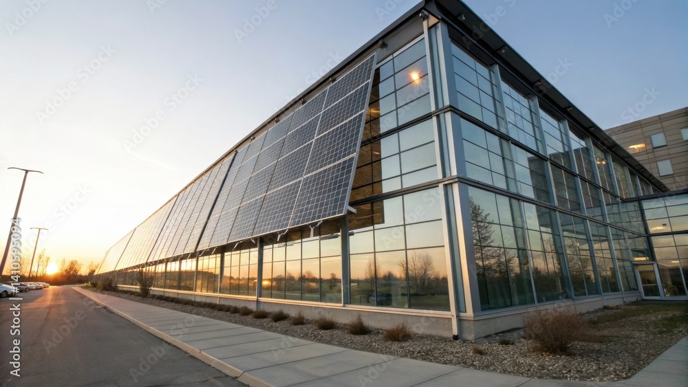 Poster side angle of a modern office building featuring large transparent solar panels where sunlight trate