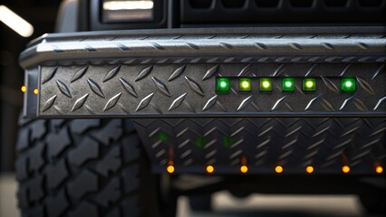Sharp focus on the rugged texture of steel with small LED indicators embedded along its edge blinking to signal operational status.