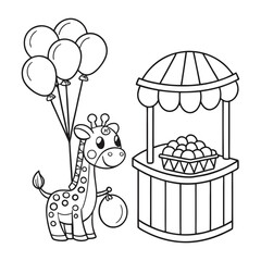 Cute Giraffe Holding Balloons Next to a Market Stand