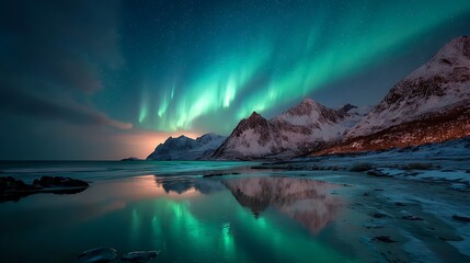 Naklejka premium Northern Lights reflecting on a calm winter beach
