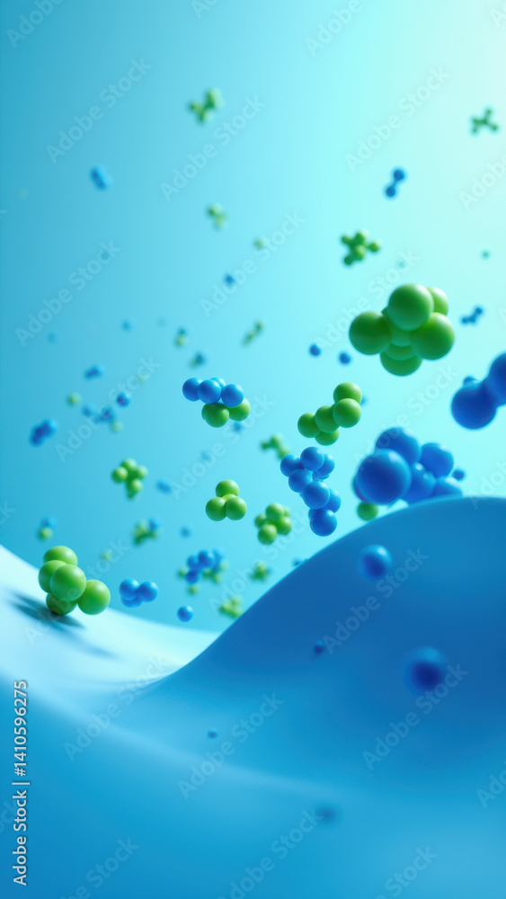 Poster a dynamic illustration featuring a molecule of glp-1 (glucagon-like peptide-1) surrounded by bubbles