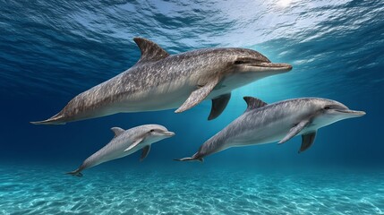 Fototapeta premium Three dolphins swim gracefully in a crystal-clear ocean, showcasing their playful nature.