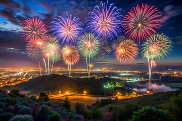 Nighttime landscape with fireworks in far distance