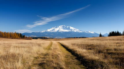 Fototapeta premium Snowy Mountain Overlook In A Golden Field