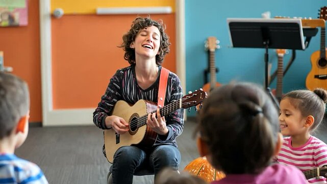 Children listening to teacher play guitar in colorful music class