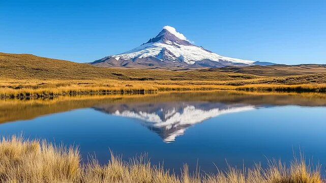 Majestic snow-capped mountain reflected in calm lake
