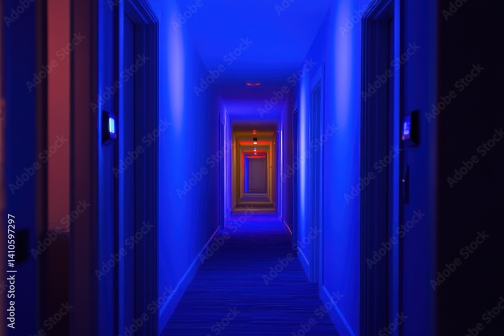 Aufkleber mysterious corridor illuminated with blue and red lights creating a surreal atmosphere