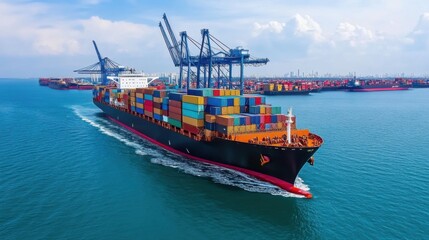 Fototapeta premium Cargo Ship at Port Transporting Colorful Containers with Cranes in Action Under Blue Sky and Bright Water