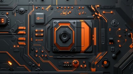 Fototapeta premium Strik Mymixzer3 Circuit Board Tech Design - Futuristic tech, intricate circuitry, glowing orange accents, dark metallic surface, and advanced technology concept