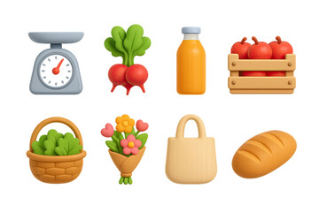 3D icon set of seasonal gardening: hose nozzle, watering can, soil tester, gloves, rake, garden scissors, spray bottle, seed packet. 3d icon. icons set of 3d style in a modern design. Isolated