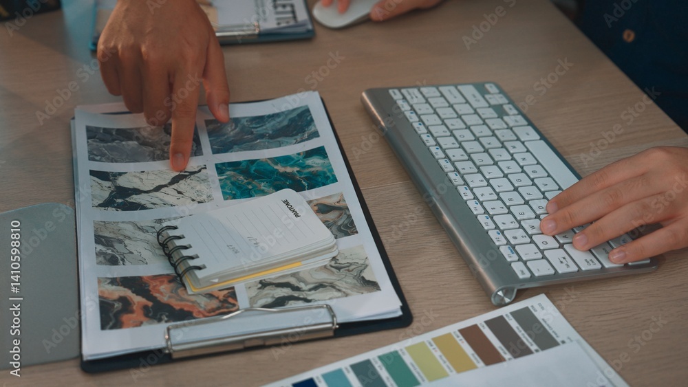 Poster a dynamic creative workspace showcasing mood boards and color palettes. professional hands engaging 