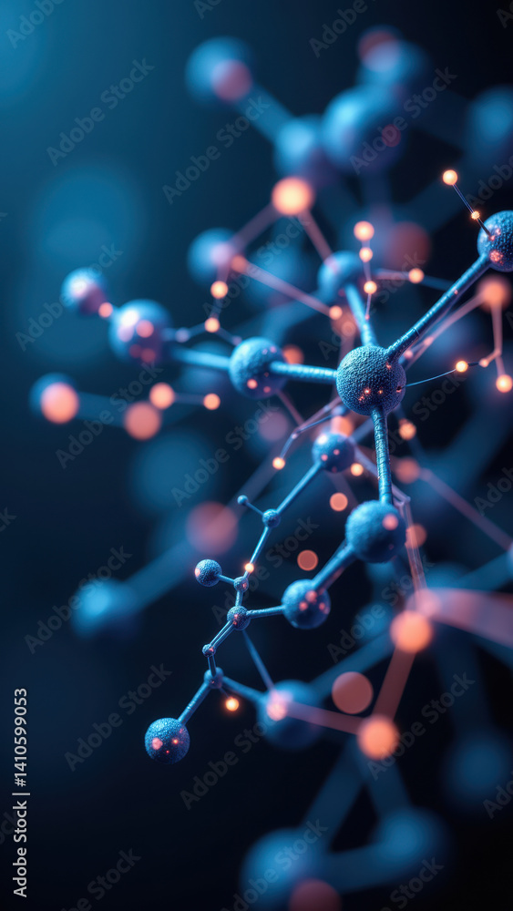 Poster high resolution molecular model of a glp-1 molecule with highlighted bonds, set against a gradient b