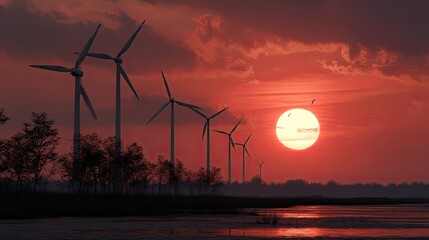 Wind turbines generating renewable energy at sunset under a dramatic sky, symbolizing sustainable power and the fight against climate change