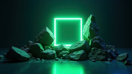 Geometric glow: neon square frame amongst rugged rocks in mystical night scene